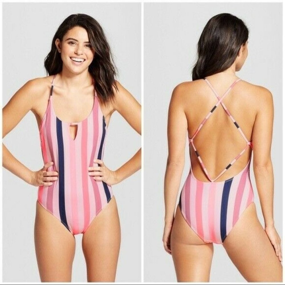 Xhilaration Size XL Strappy Back Striped Multicolored One Piece Padded Swimsuit
